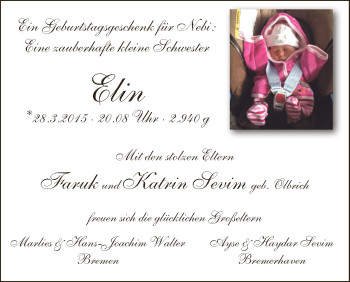 Babyanzeige von Elin Sevim von WESER-KURIER