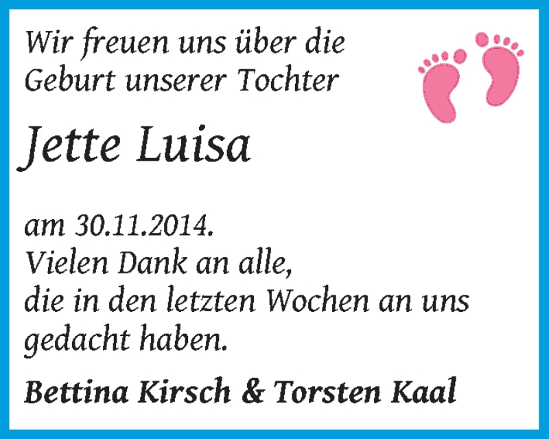 Anzeige für Jette Luisa  vom 10.01.2015 aus WESER-KURIER