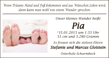 Babyanzeige von Pia Gloistein von WESER-KURIER
