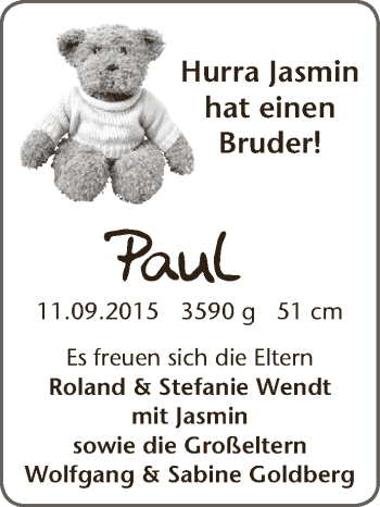 Babyanzeige von Paul Wendt von WESER-KURIER