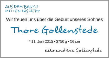 Babyanzeige von Thore Gollenstede von WESER-KURIER