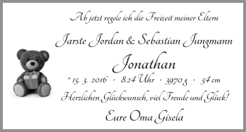 Babyanzeige von Jonathan Jungmann von WESER-KURIER