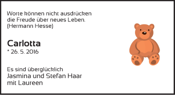 Babyanzeige von Carlotta Haar von Wuemme Zeitung