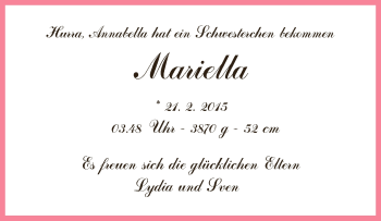 Babyanzeige von Mariella  von WESER-KURIER