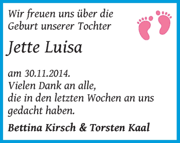 Babyanzeige von Jette Luisa  von WESER-KURIER