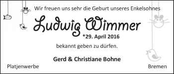 Babyanzeige von Ludwig Wimmer von WESER-KURIER