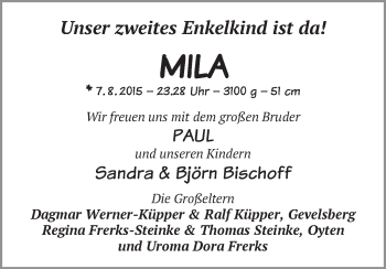 Babyanzeige von Mila Bischoff von WESER-KURIER