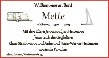 Babyanzeige von Mette Heitmann von WESER-KURIER