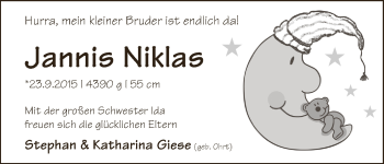Babyanzeige von Jannis Niklas Giese von WESER-KURIER