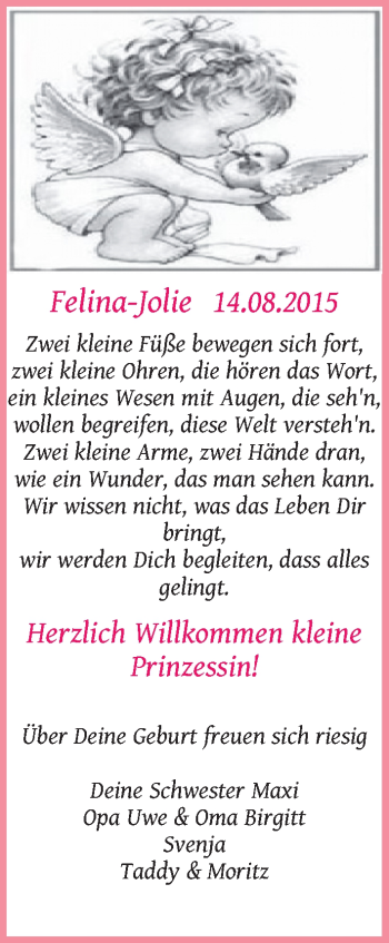 Babyanzeige von Felina-Jolie  von Die Norddeutsche