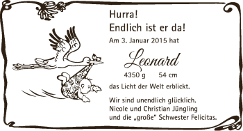 Babyanzeige von Leonard Jüngling von WESER-KURIER