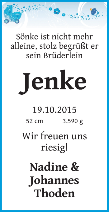 Babyanzeige von Jenke Thoden von Wuemme Zeitung
