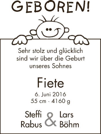 Babyanzeige von Fiete  von Wuemme Zeitung