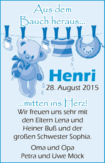 Babyanzeige von Henri Buß von Wuemme Zeitung