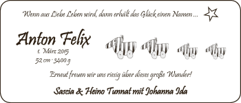 Babyanzeige von Anton Felix Tunnat von WESER-KURIER