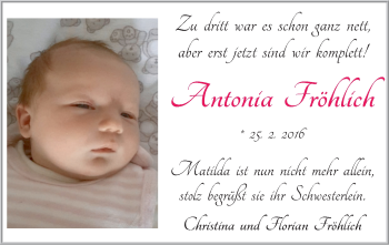 Babyanzeige von Antonia Fröhlich von WESER-KURIER