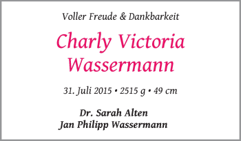 Babyanzeige von Charly Victoria Wassermann von WESER-KURIER