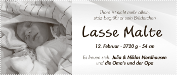 Babyanzeige von Lasse Malte  von WESER-KURIER