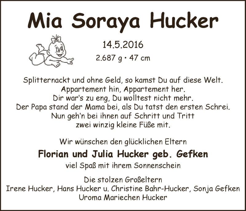 Anzeige für Mia Soraya Hucker vom 21.05.2016 aus Wuemme Zeitung