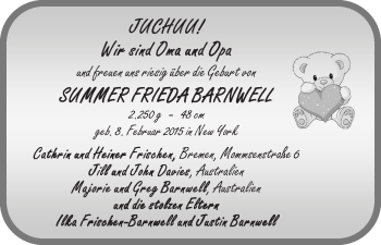 Babyanzeige von Summer Frieda Barnwell von WESER-KURIER