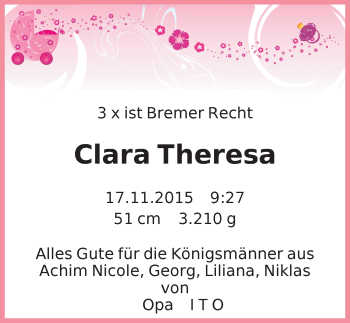 Babyanzeige von Clara Theresa  von WESER-KURIER