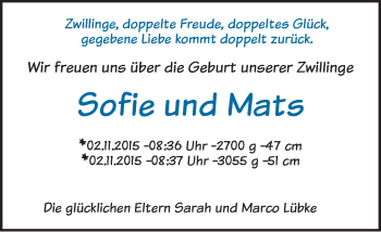 Babyanzeige von Sofie und Mats Lübke von WESER-KURIER