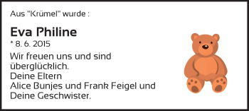 Babyanzeige von Eva Philine  von WESER-KURIER