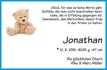 Babyanzeige von Jonathan Müller von Osterholzer Kreisblatt