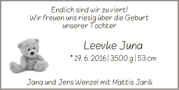 Babyanzeige von Leevke Juna Wenzel von WESER-KURIER