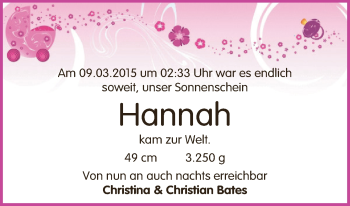 Babyanzeige von Hannah Bates von WESER-KURIER