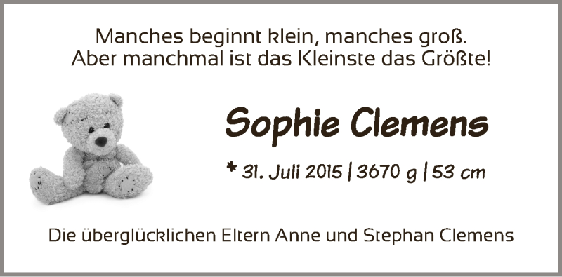 Anzeige für Sophie Clemens vom 22.08.2015 aus WESER-KURIER