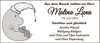 Babyanzeige von Malina Luna  von Regionale Rundschau/Syker Kurier