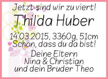 Babyanzeige von Thilda Huber von WESER-KURIER