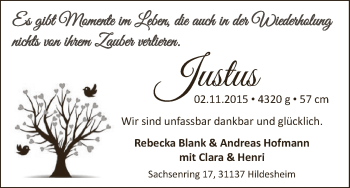 Babyanzeige von Justus  von Osterholzer Kreisblatt