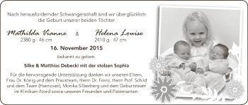 Babyanzeige von Mathilda & Helena Debecki von WESER-KURIER