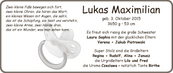 Babyanzeige von Lukas Maximilian Piotrowski von Die Norddeutsche