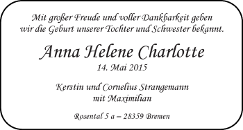 Babyanzeige von Anna Helene Charlotte Strangemann von WESER-KURIER