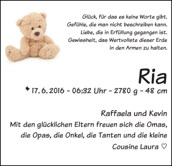 Babyanzeige von Ria Kahrs von Osterholzer Kreisblatt