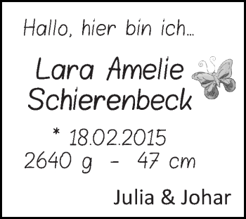Babyanzeige von Lara Amelie Schierenbeck von WESER-KURIER