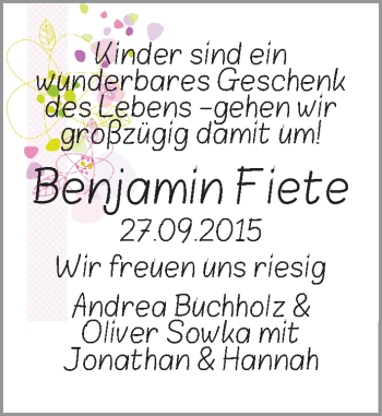 Babyanzeige von Benjamin Fiete  von Osterholzer Kreisblatt