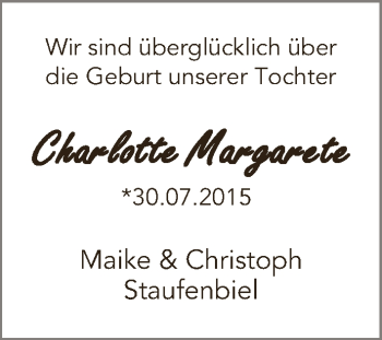 Babyanzeige von Charlotte Margarete Staufenbiel von WESER-KURIER