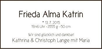 Babyanzeige von Frieda Alma Katrin  von WESER-KURIER