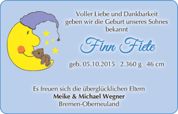 Babyanzeige von Finn Fiete  von WESER-KURIER