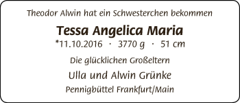 Babyanzeige von Tessa Angelica Maria  von Osterholzer Kreisblatt