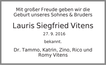 Babyanzeige von Lauris Siegfried Vitens von WESER-KURIER