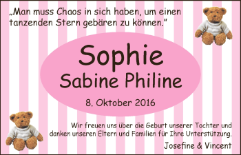 Babyanzeige von Sophie Sabine Philine  von WESER-KURIER