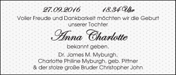 Babyanzeige von Anna Charlotte Myburgh von WESER-KURIER