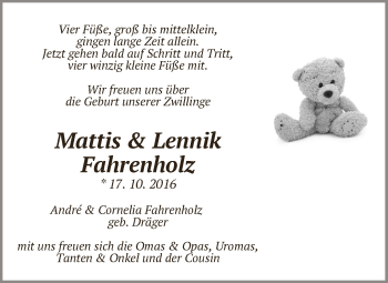 Babyanzeige von Mattis und Lennik Fahrenholz von WESER-KURIER