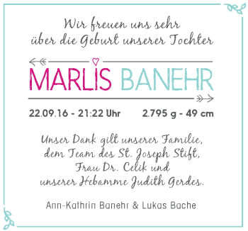 Babyanzeige von Marlis Banehr von WESER-KURIER