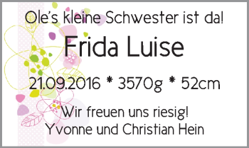 Babyanzeige von Frida Luise Hein von WESER-KURIER